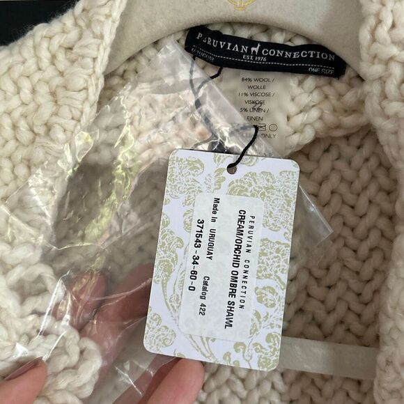 NWT Peruvian connection hand knit variegated purple cream shawl with fringe cape - Picture 2 of 7